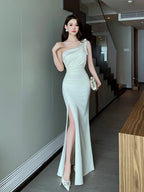Cream One Shoulder Ruched Mermaid Maxi Dress