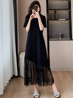 Black Round Neck Short Sleeve Lace Maxi Dress