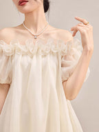 Ivory Off Shoulder Organza Ruffle Shift Mini Dress