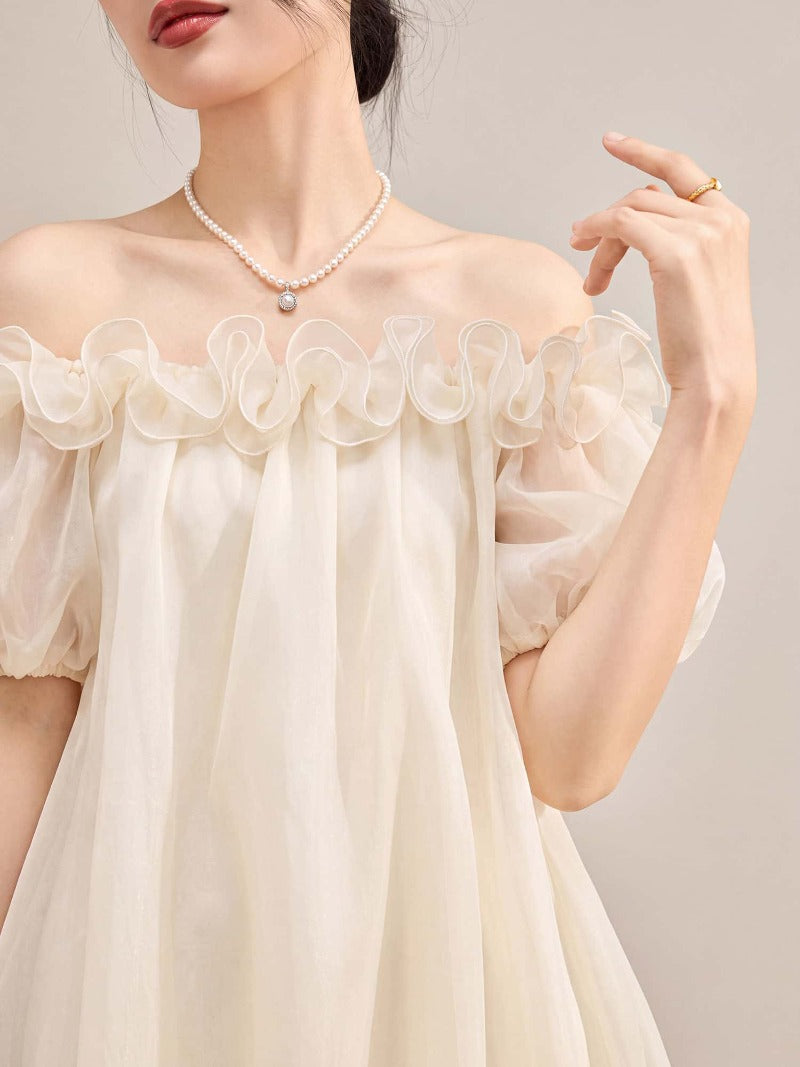 Ivory Off Shoulder Organza Ruffle Shift Mini Dress