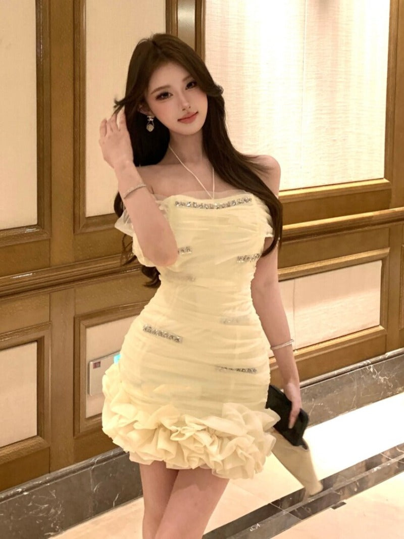 Pale Yellow Off Shoulder Ruched Mesh Bodycon Mini Dress