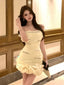 Pale Yellow Off Shoulder Ruched Mesh Bodycon Mini Dress