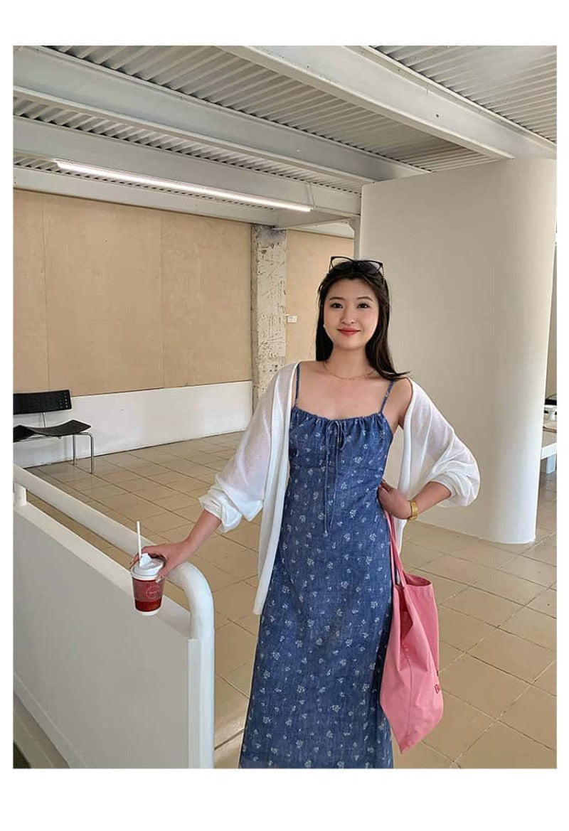 Blue Floral Tie Front Spaghetti Strap Maxi Dress