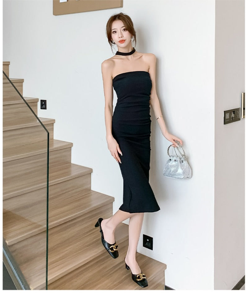 Strapless Scarf Neck Bodycon Midi Dress
