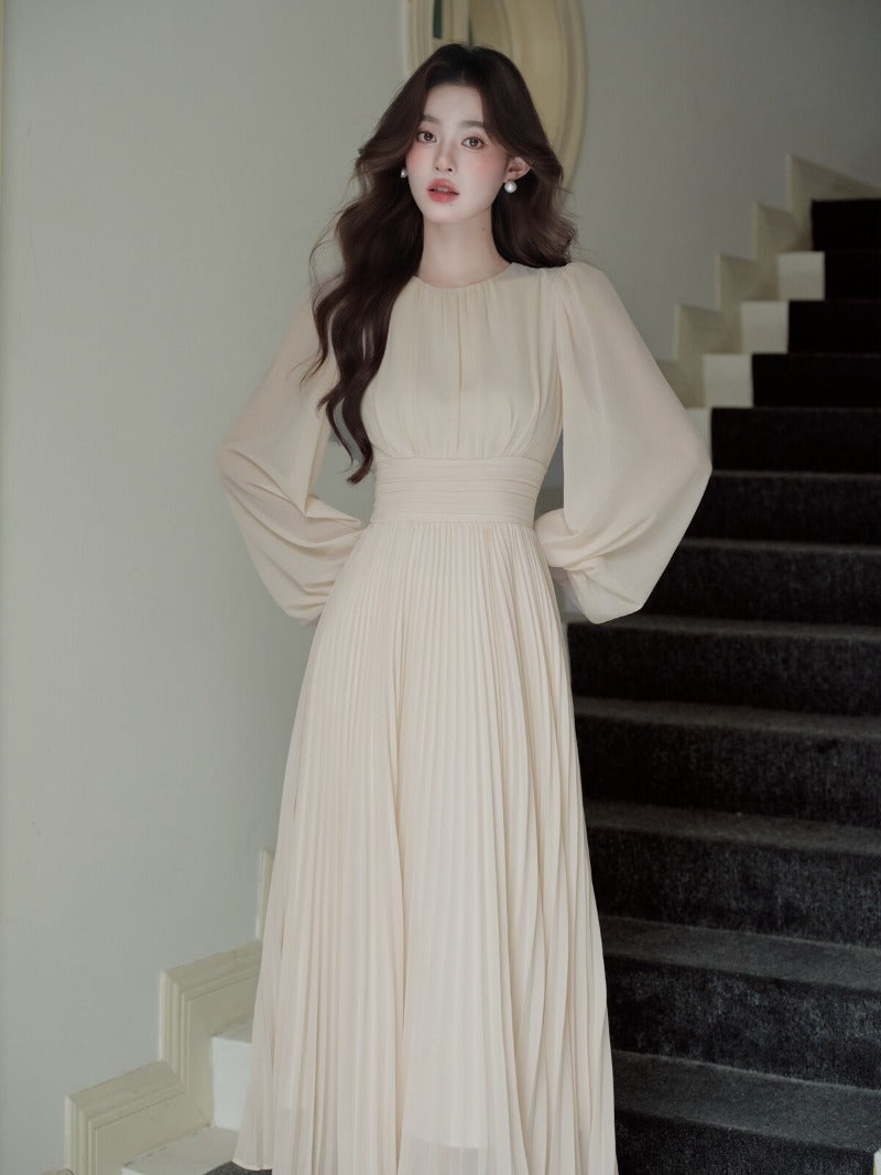 Elegant Pleated Lantern Sleeve Fit-and-Flare Maxi Dress