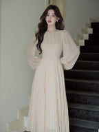 Elegant Pleated Lantern Sleeve Fit-and-Flare Maxi Dress