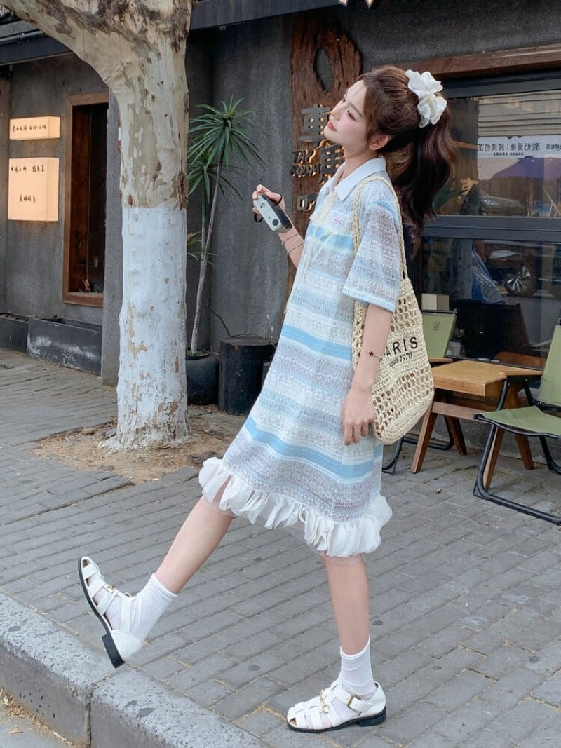 Blue Striped Lace Short Sleeve Polo Shift Mini Dress