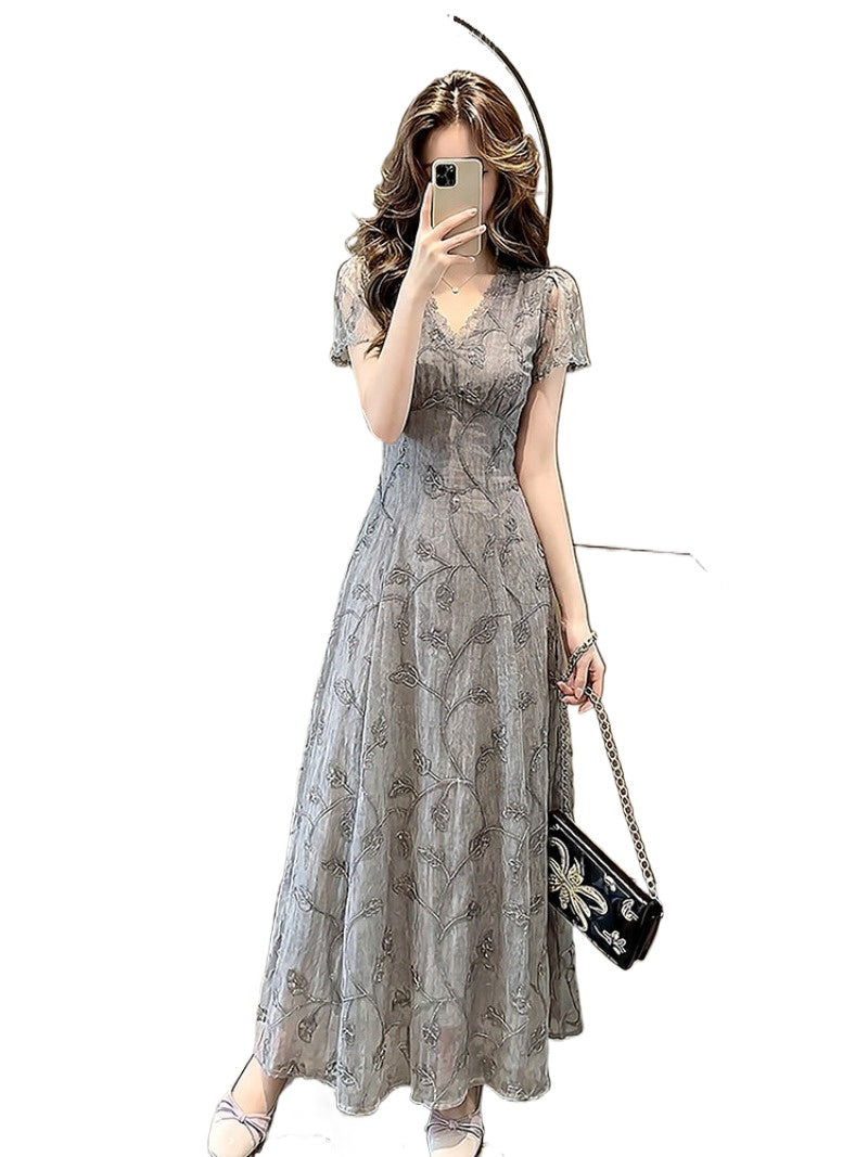 Draped V Neck Lace Sleeve Bodycon Maxi Dress