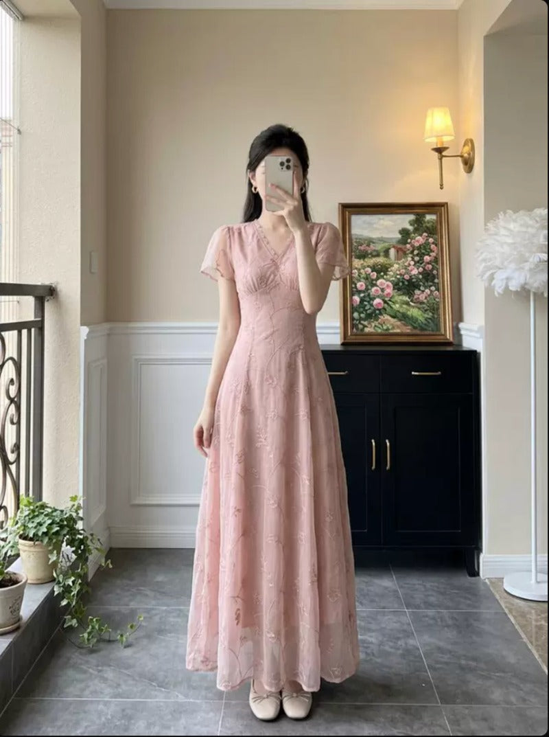 Draped V Neck Lace Sleeve Bodycon Maxi Dress