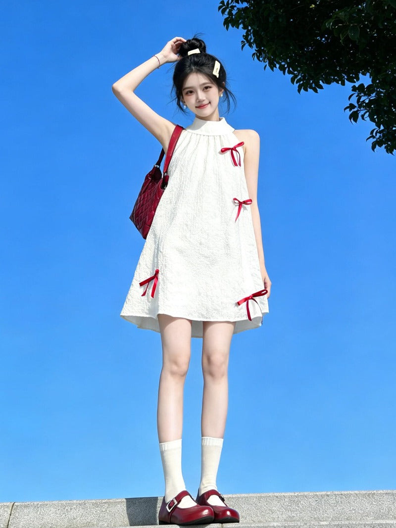 White Bow Halter A-Line Mini Dress