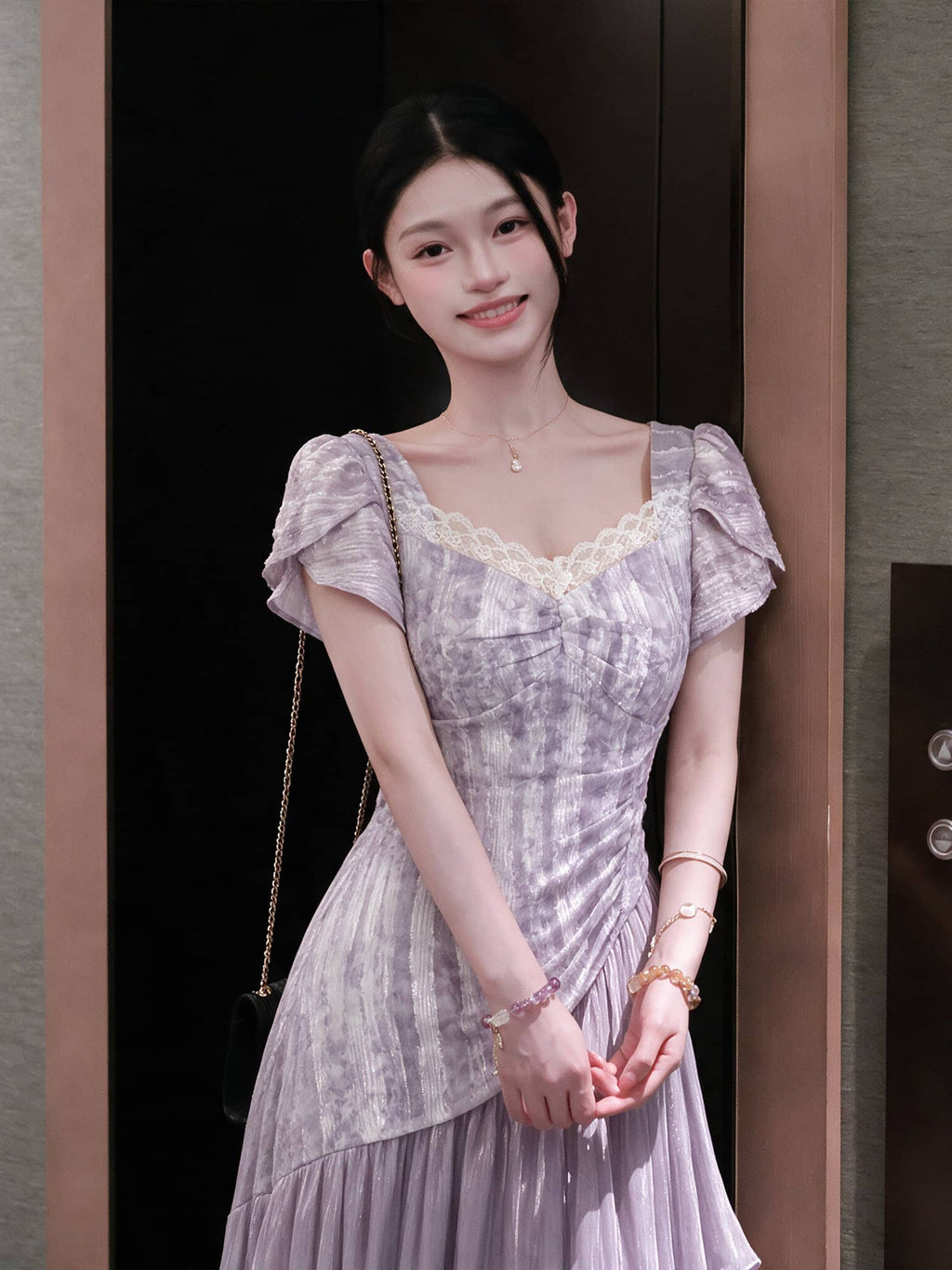 Purple Lace Trim Sweetheart Puff Sleeve A-Line Midi Dress