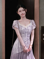 Purple Lace Trim Sweetheart Puff Sleeve A-Line Midi Dress