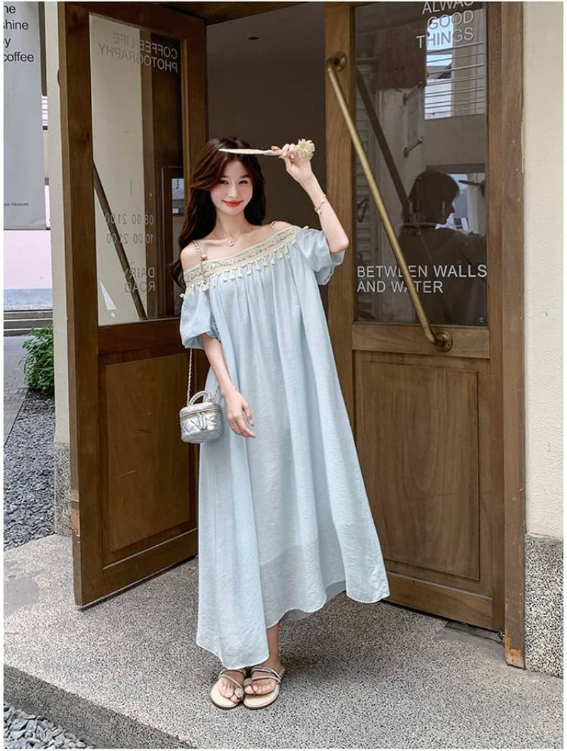 Light Blue Tassel Trim Off-Shoulder Maxi Dress
