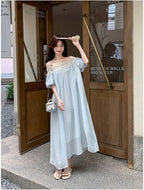 Light Blue Tassel Trim Off-Shoulder Maxi Dress