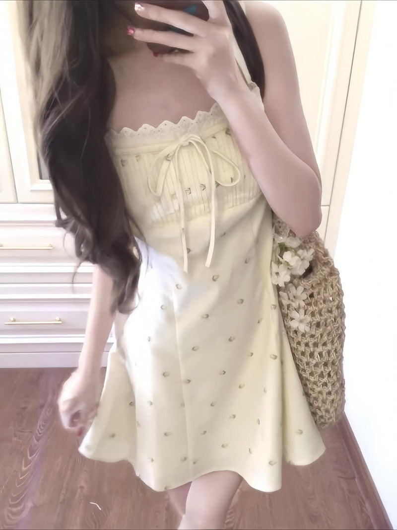 Light Yellow Bow Detail Square Neck A-Line Mini Dress