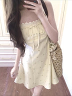 Light Yellow Bow Detail Square Neck A-Line Mini Dress