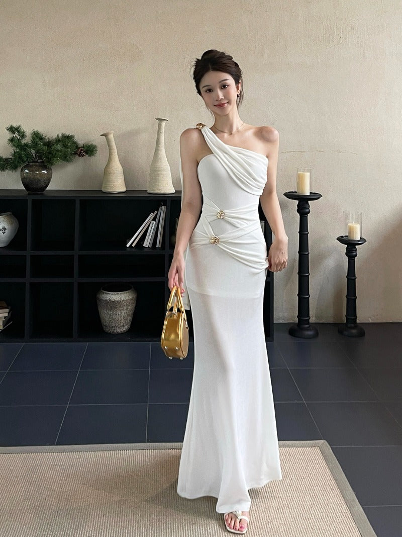 White One Shoulder Draped Fishtail Maxi Dress