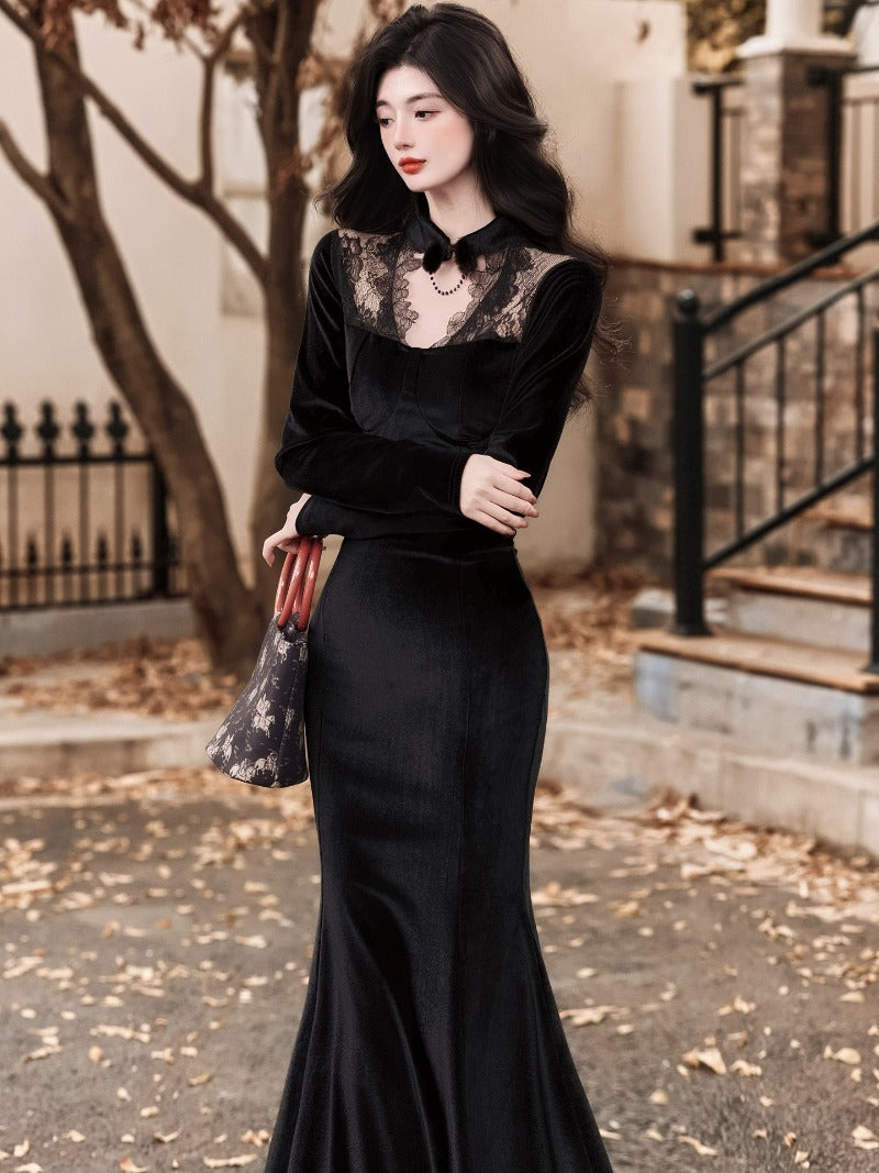 Black Velvet Lace High Neck Mermaid Maxi Dress