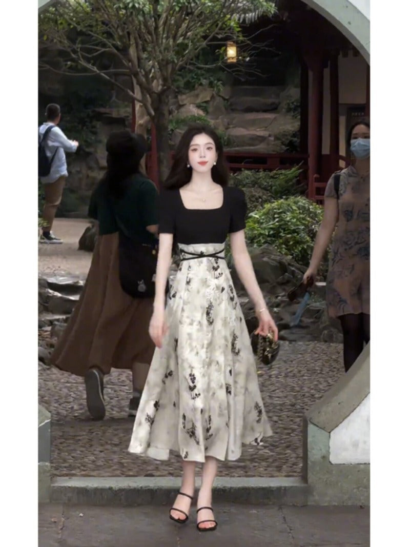 Black Ivory Square Neck Floral A-Line Midi Dress