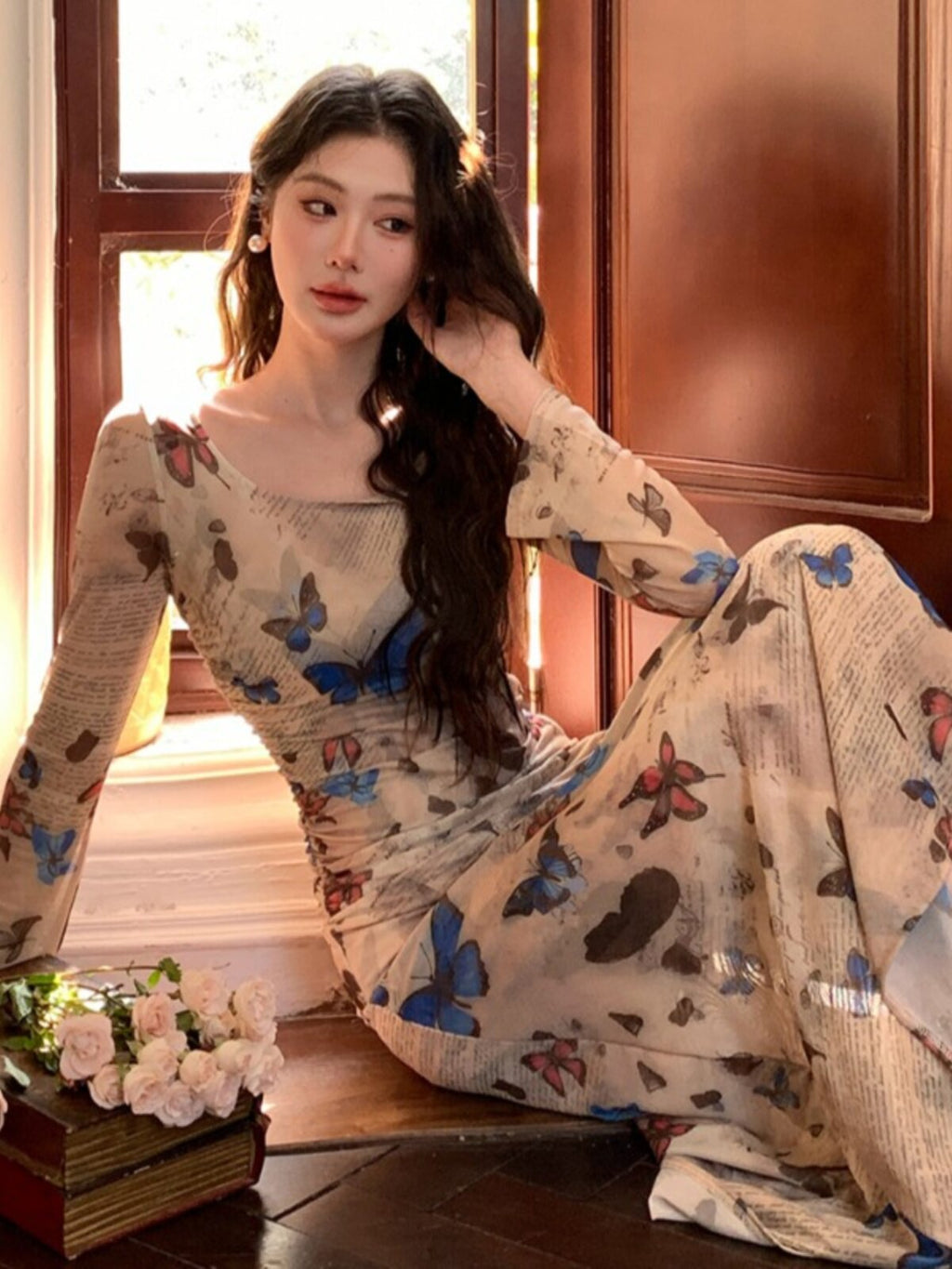 Beige Butterfly Print Square Neck Bodycon Maxi Dress