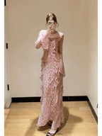 Pink Riviera Ruffle Print Long Sleeve Sheath Maxi Dress