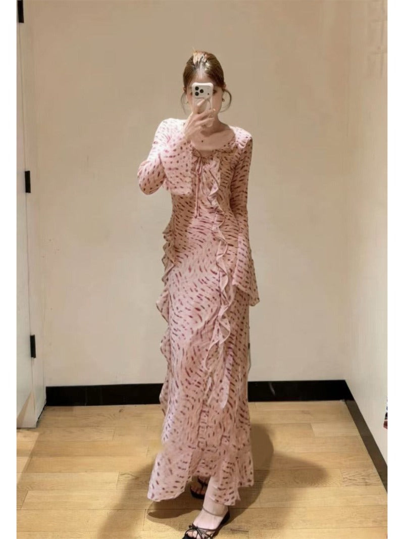 Pink Riviera Ruffle Print Long Sleeve Sheath Maxi Dress