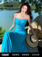 Blue Strapless Rhinestone Ruched Mermaid Maxi Dress