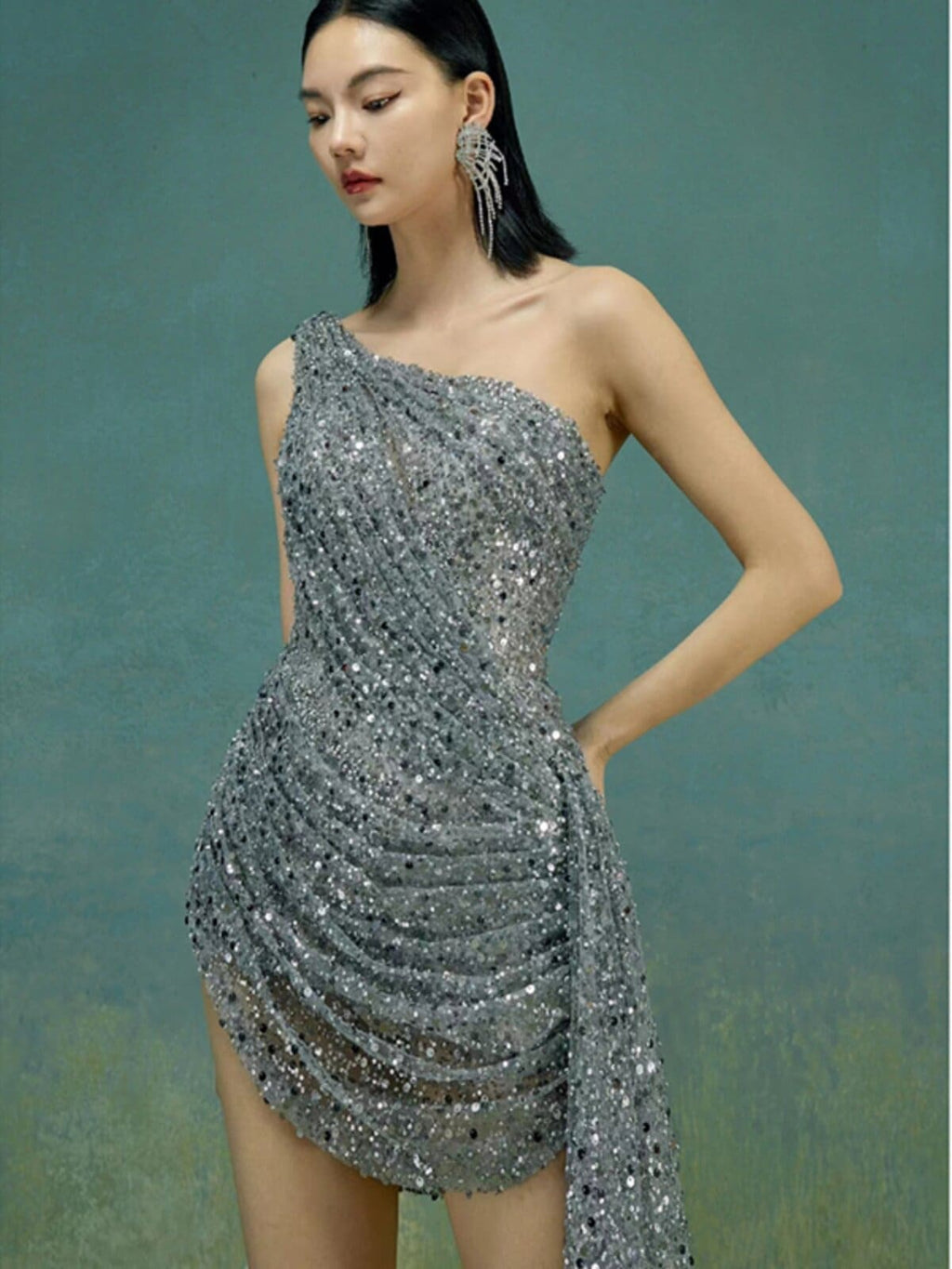 Silver Grey One Shoulder Sequin Bodycon Mini Dress