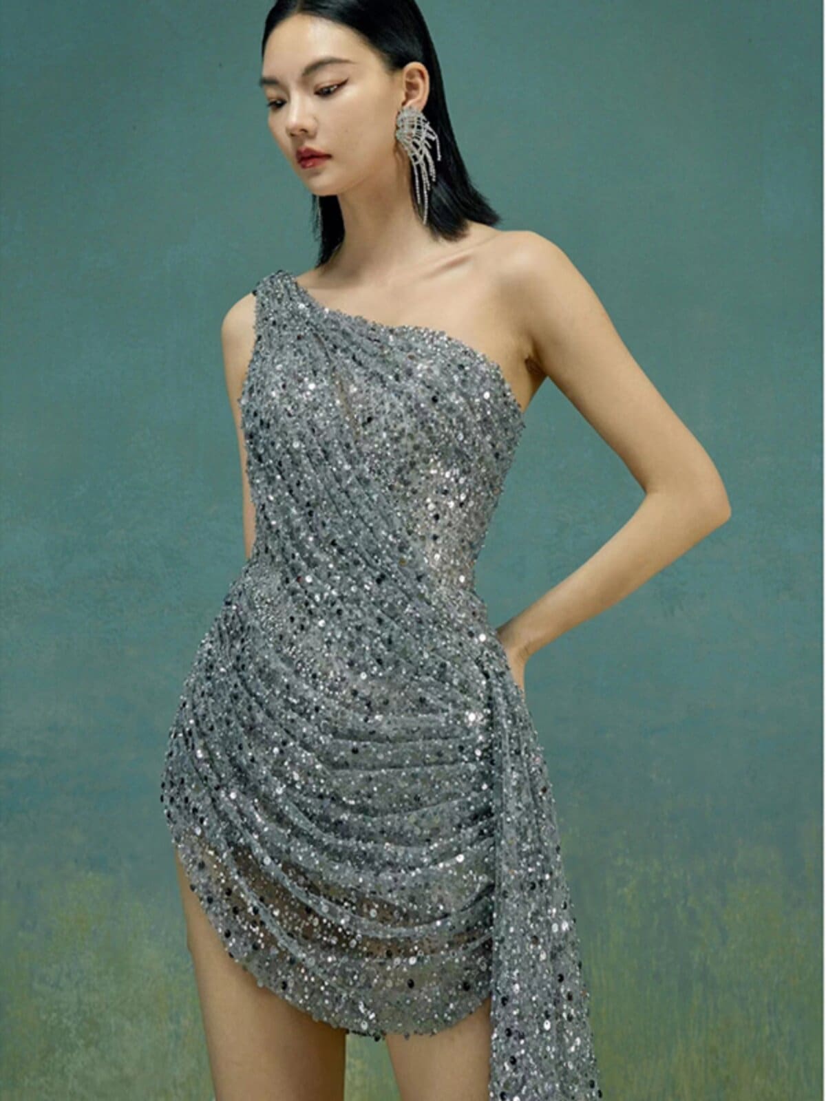 Silver Grey One Shoulder Sequin Bodycon Mini Dress