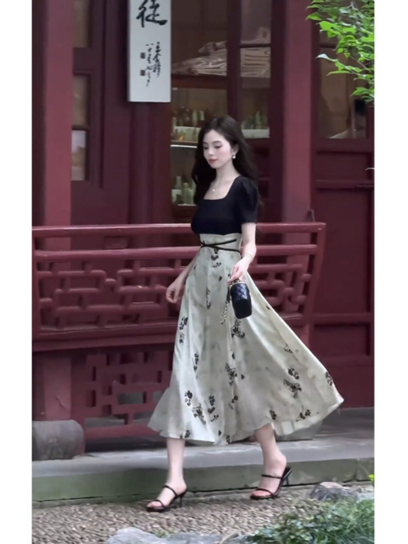 Black Ivory Square Neck Floral A-Line Midi Dress