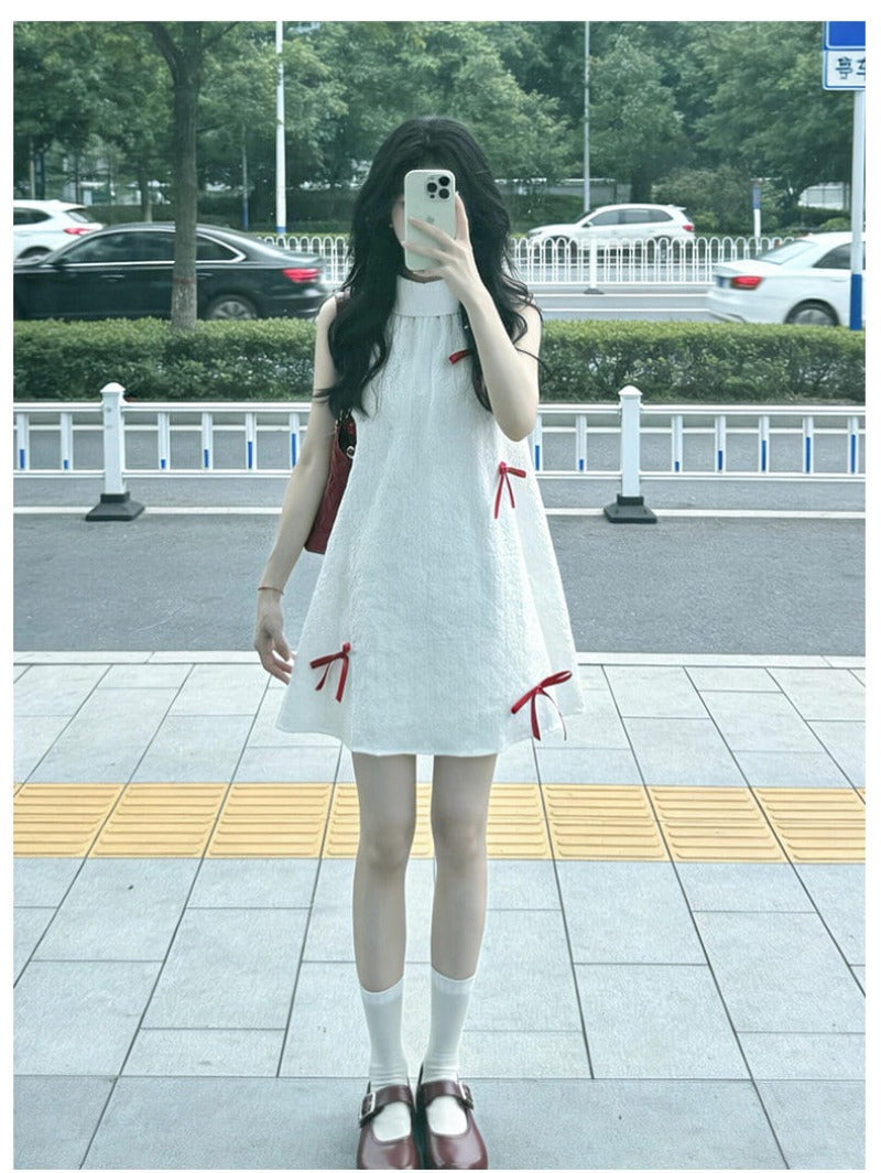 White Bow Halter A-Line Mini Dress