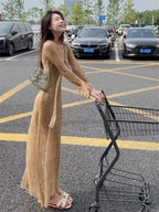 Desert Muse Khaki Mesh V Neck Bell Sleeve Maxi Dress