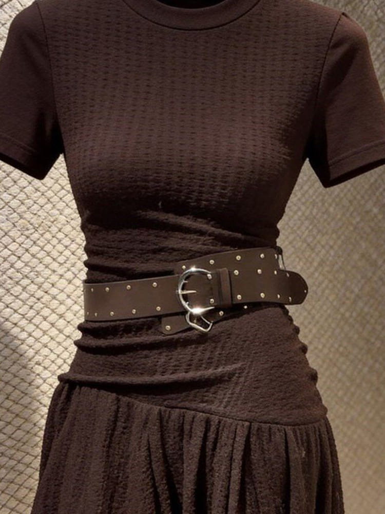 Coffee Brown Round Neck Short Sleeve Asymmetric A-Line Mini Dress