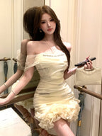 Pale Yellow Off Shoulder Ruched Mesh Bodycon Mini Dress