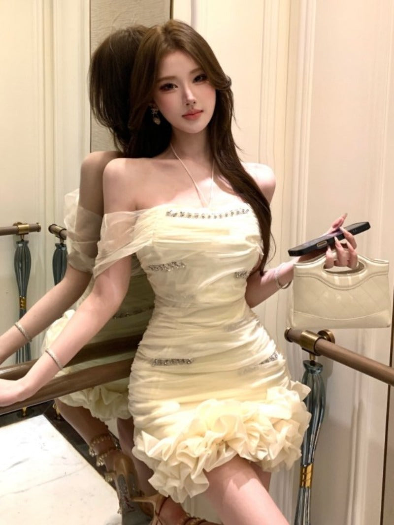 Pale Yellow Off Shoulder Ruched Mesh Bodycon Mini Dress
