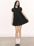 Lyocell Linen Puff Sleeve Collared Babydoll Mini Dress