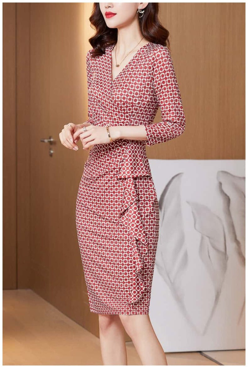 Red Print V Neck Ruched Sheath Midi Dress