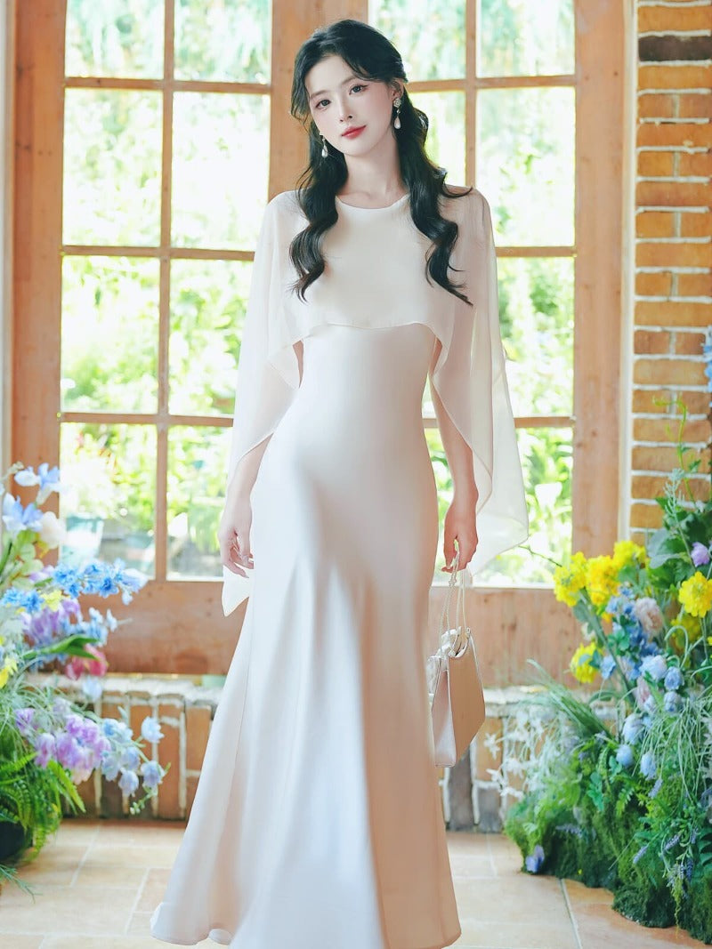 Elegant Round Neck Cape Overlay Mermaid Maxi Dress