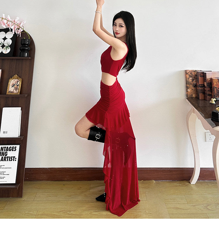 Asymmetric One Shoulder Cutout Ruffle High-Low Maxi Dress