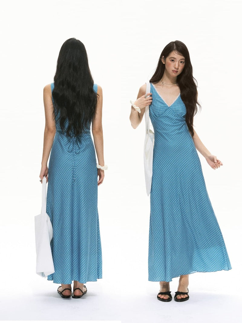 Blue Polka Dot V Neck Backless A-Line Maxi Dress