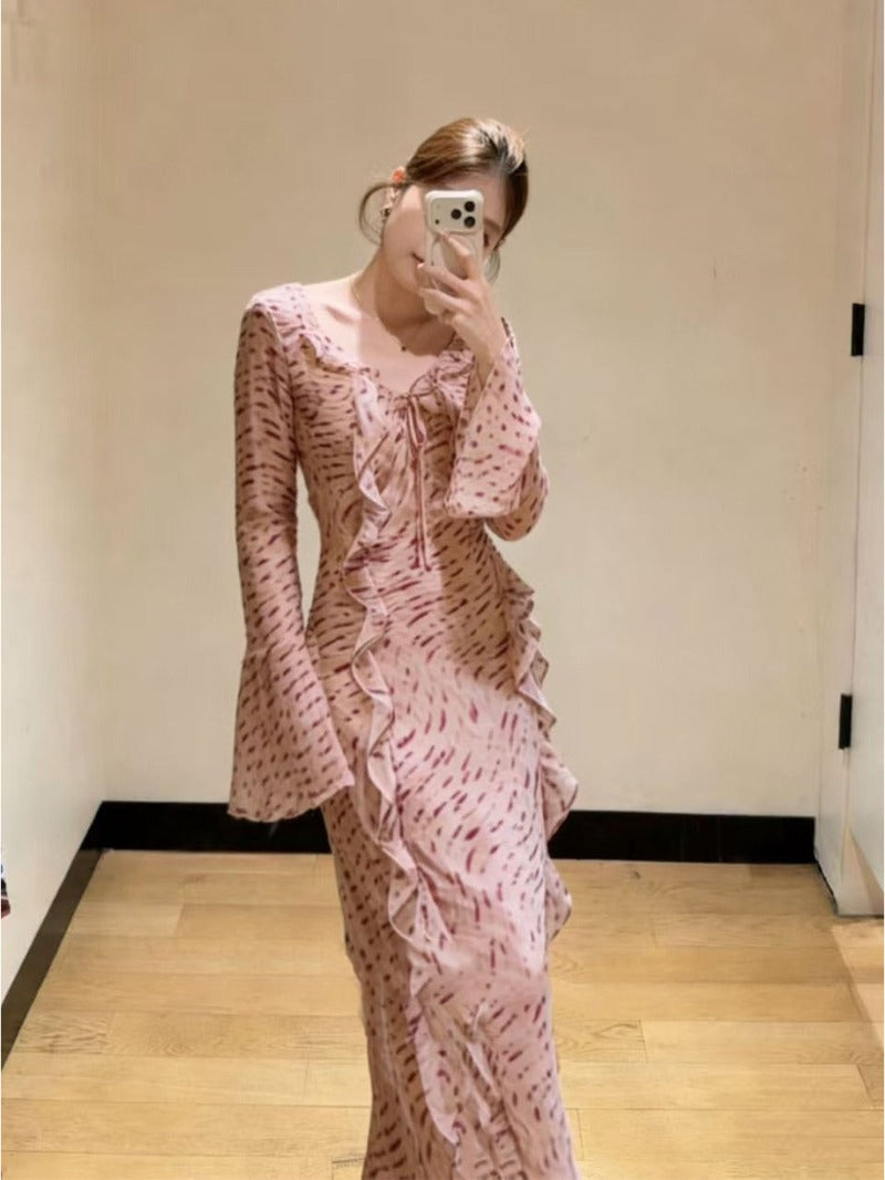 Pink Riviera Ruffle Print Long Sleeve Sheath Maxi Dress