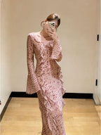 Pink Riviera Ruffle Print Long Sleeve Sheath Maxi Dress
