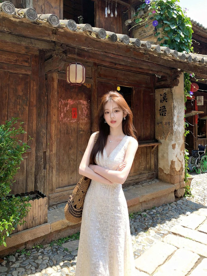 Beige Lace V-Neck Sleeveless Maxi Dress