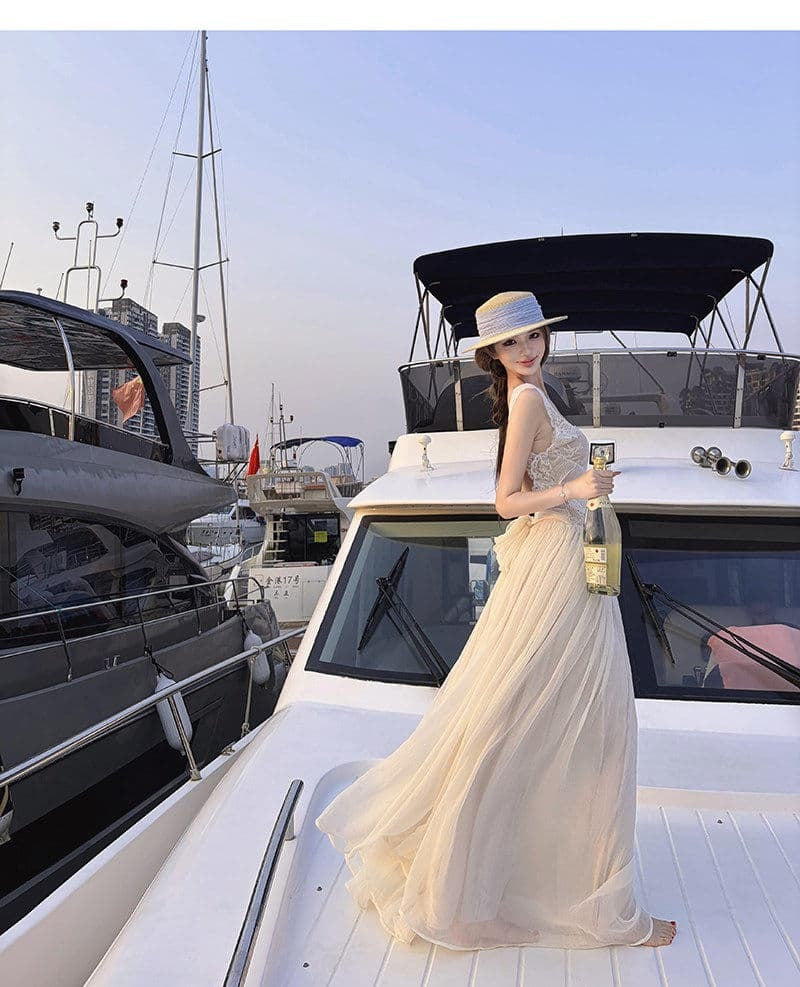 Ivory Lace Trim Backless Tie Back A-Line Maxi Dress