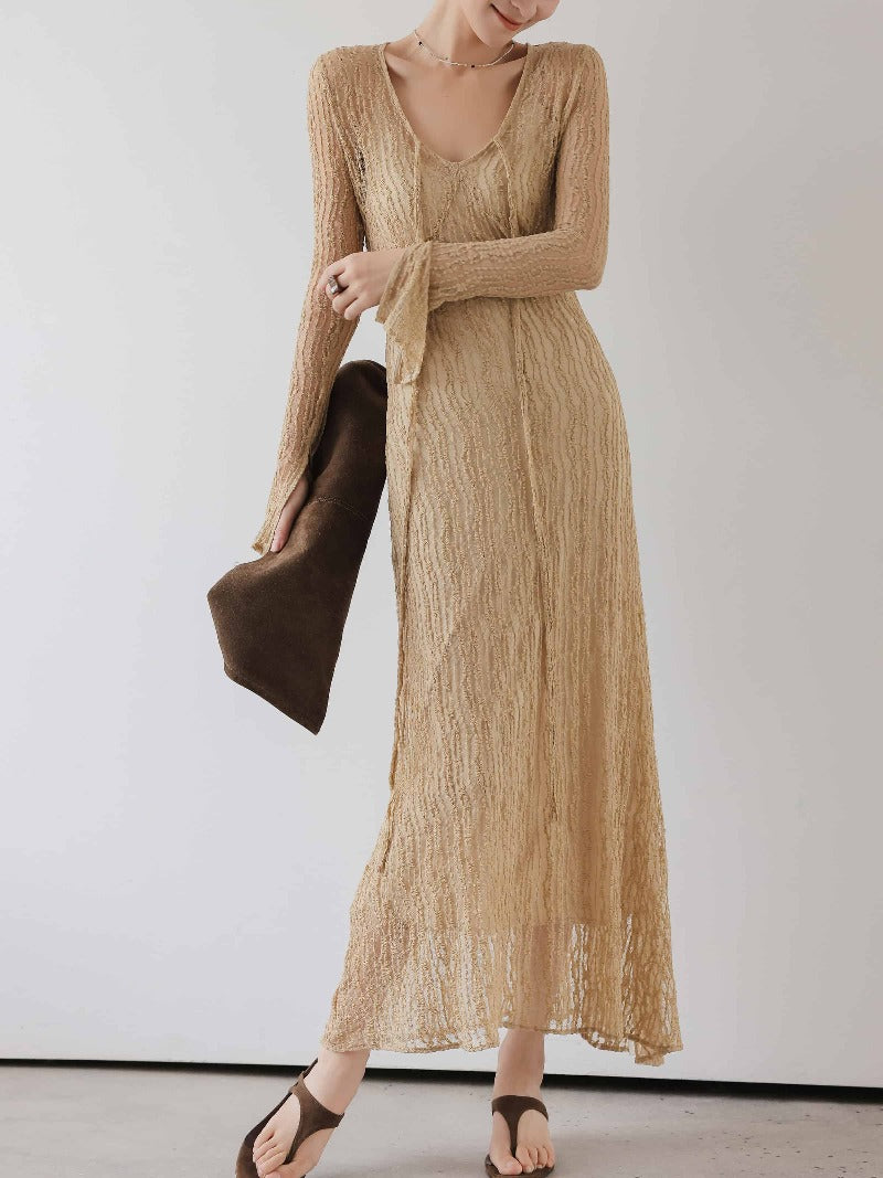 Desert Veil Khaki Mesh Tie Front V Neck Maxi Dress