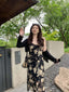 Black/Yellow Floral V Neck Spaghetti Strap A Line Maxi Dress