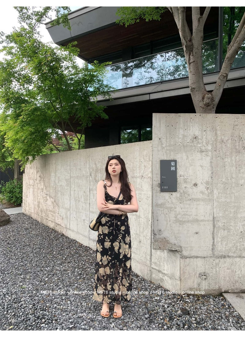 Black/Yellow Floral V Neck Spaghetti Strap A Line Maxi Dress
