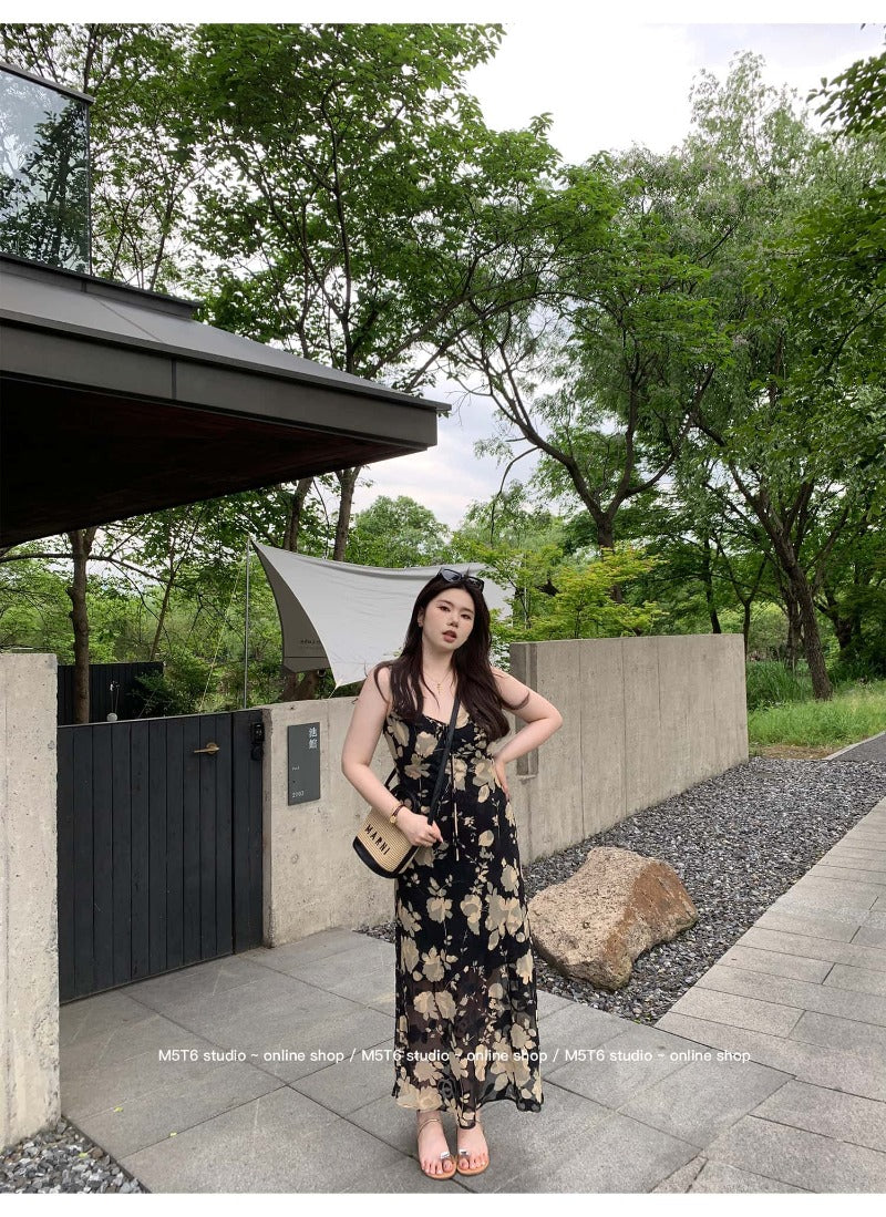 Black/Yellow Floral V Neck Spaghetti Strap A Line Maxi Dress