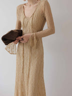 Desert Veil Khaki Mesh Tie Front V Neck Maxi Dress
