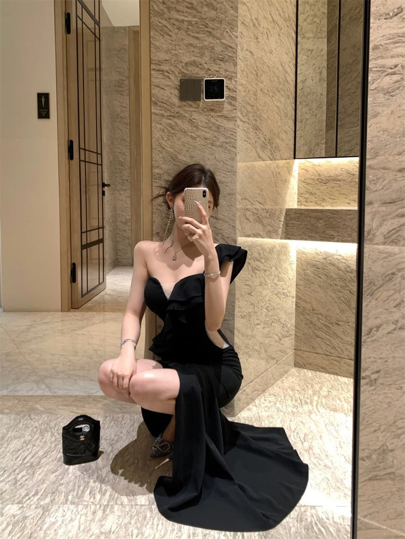 Black One Shoulder Ruffle Slit Bodycon Maxi Dress